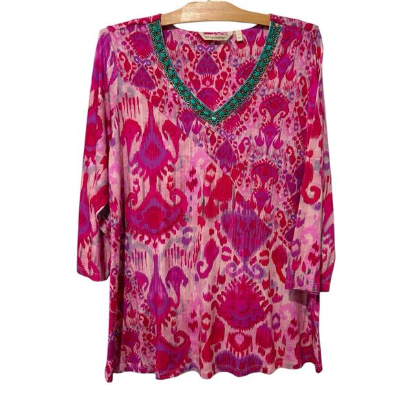 Soft Surroundings | Top V Neck Turquoise Beaded Stretch 3/4 Sleeves- Size Large - Picture 1 of 9